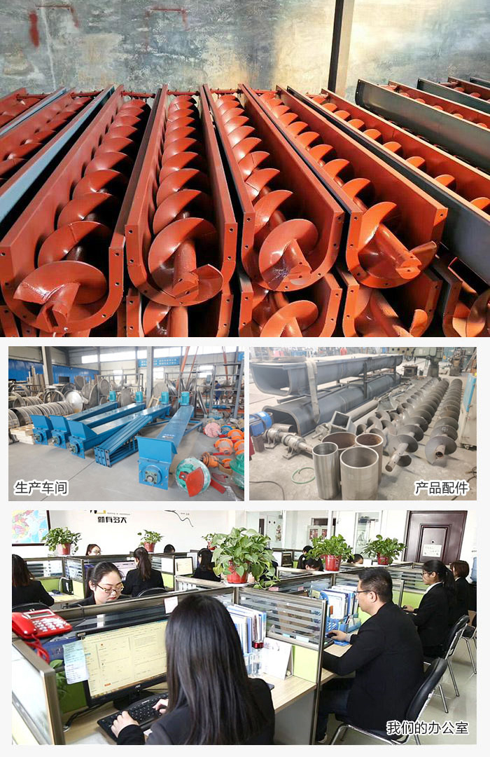 絞龍螺旋輸送機產(chǎn)品，廠區(qū)，以及辦公場地展示圖。