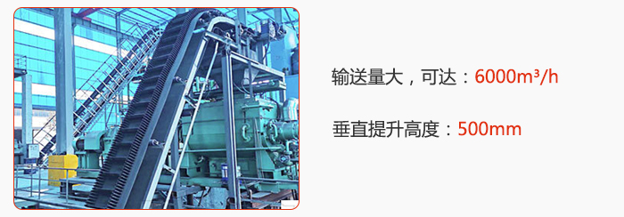 大傾角帶式輸送機輸送量大，可達：6000m3/h，垂直提升高度：500mm
