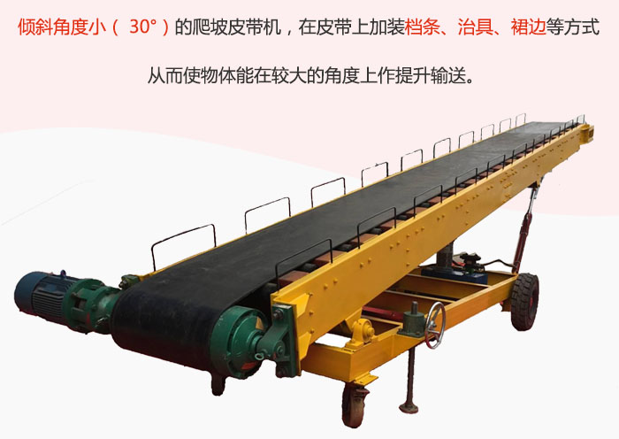 傾斜角度?。?30°）的爬坡皮帶機(jī)，在皮帶上加裝檔條、治具、裙邊等方式從而使物體能在較大的角度上作提升輸送。