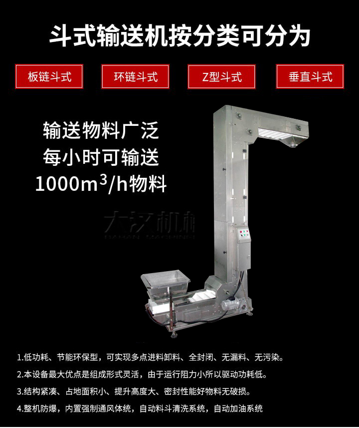 Z型輸送機(jī)優(yōu)勢：1，可實現(xiàn)多點進(jìn)料卸料，全封閉，無漏料，無污染。2，組成形式靈活，由于運行阻力小所以驅(qū)動功耗低。3，結(jié)構(gòu)緊湊，占地面積小，提升高度大，密封性能好物料無破損。